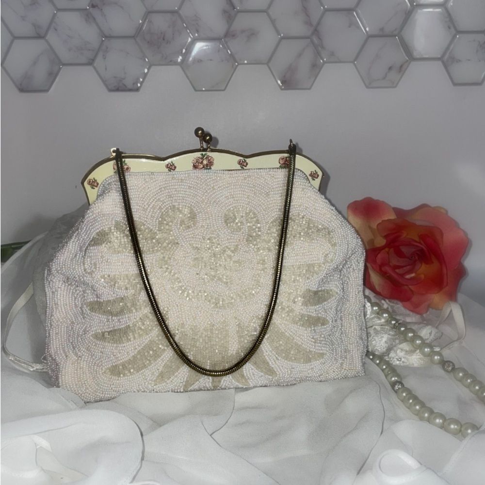 Elegant Cream Beaded Bridal Bag with accenting roses